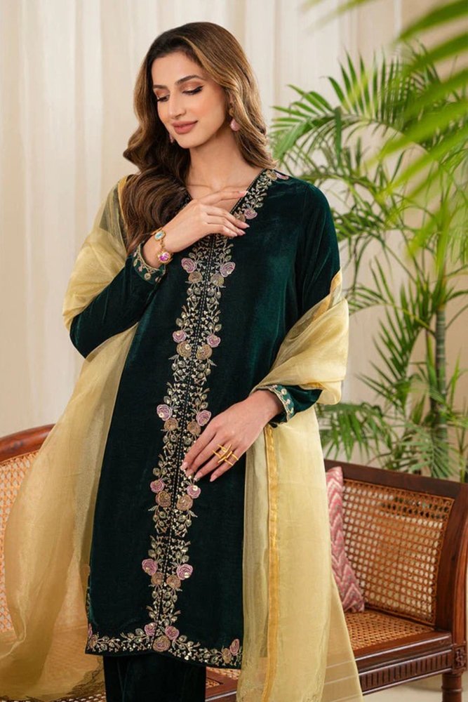 ZN630 - WINTER Velvet Embroidered Dress With Organza embroidered Dopata - ZoniyaClothing