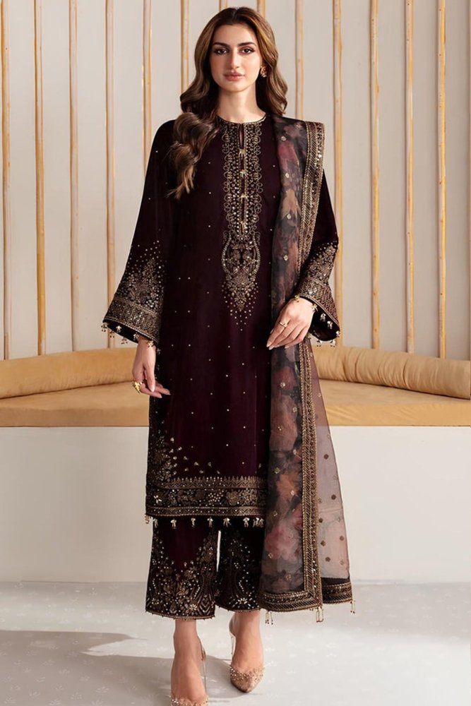 ZN902 - Winter Velvet Unstitched 3PCs Embroidered Dress With Organza Dupatta - ZoniyaClothing
