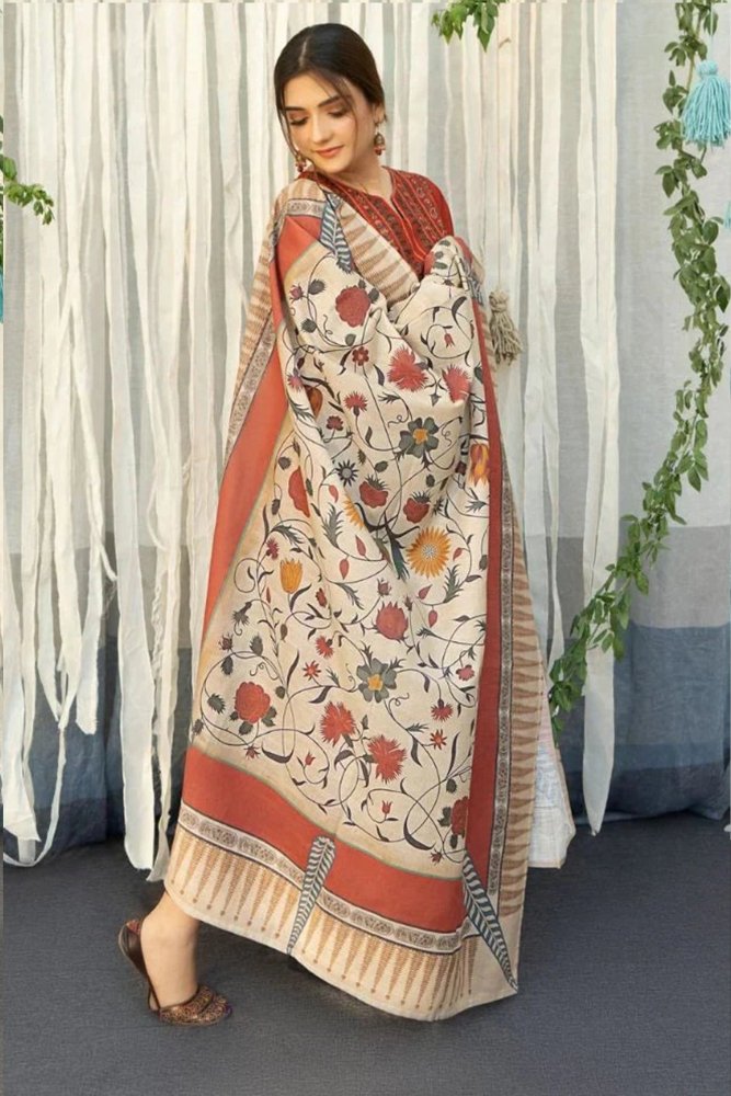 ZN914 - WINTER 3PC Dhanak Embroidered suit with Printed Shawll - ZoniyaClothing
