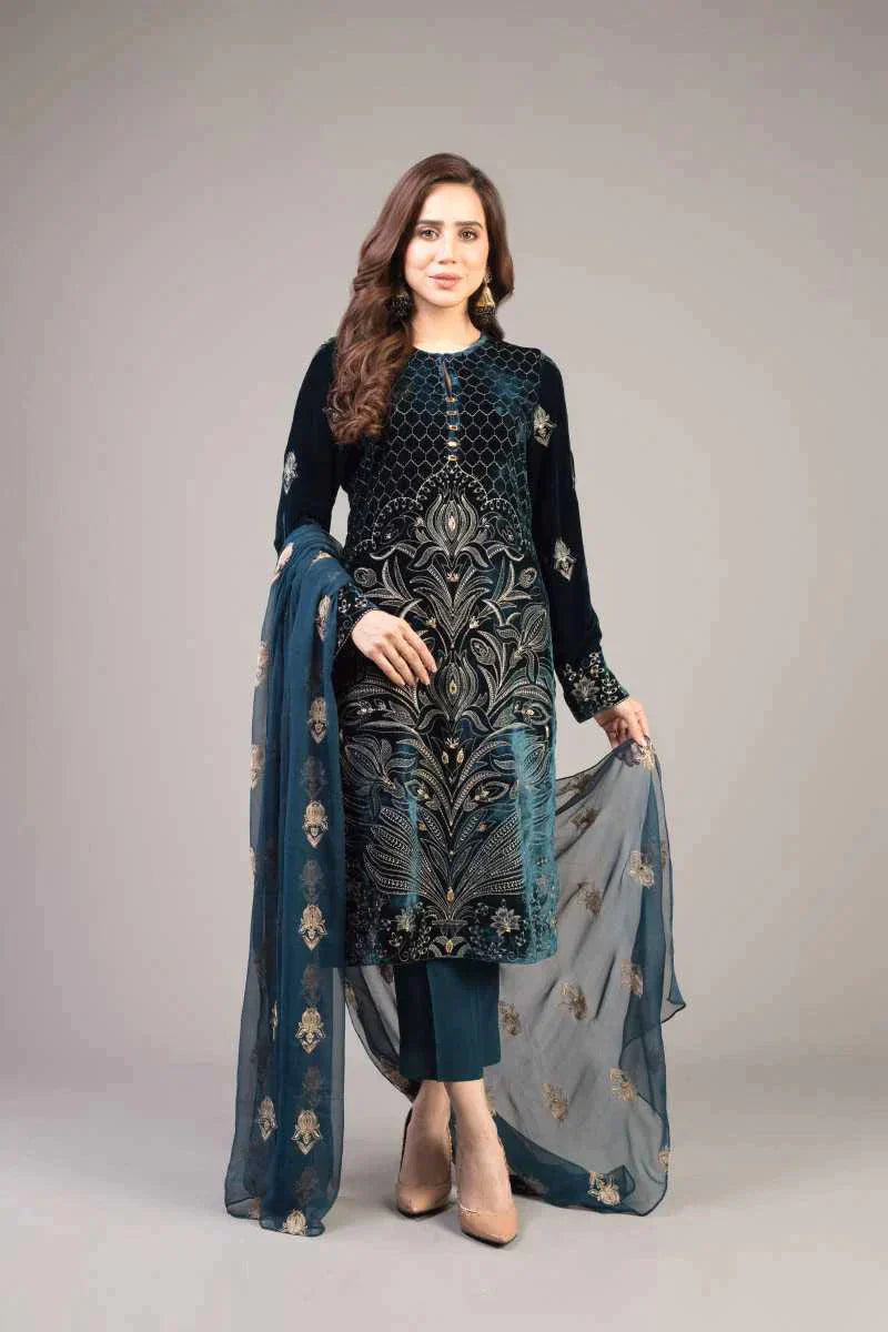 ZN012-Bareeze 3PC Lawn Front Full Embroidered Back Bazo Embroidered Bember Dupatta