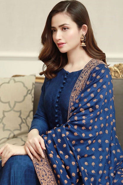 ZN408- WINTER Linen Suit with Heavy Embroidered Linen  Shawl