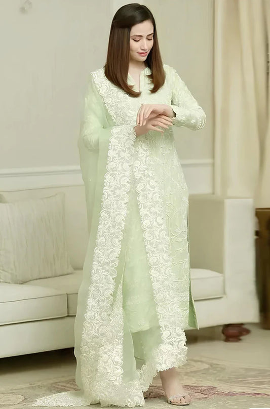 ZN001-Pista- 3PC Lawn Heavy Embroidered Shirt With Organza Embroidered Dupatta