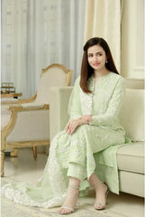 ZN001-Pista- 3PC Lawn Heavy Embroidered Shirt With Organza Embroidered Dupatta