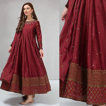 3PC EMBROIDERED SILK FROCK  - ZN-099
