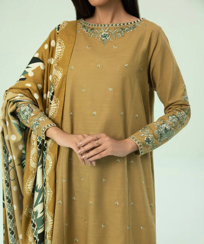 ZN623-WINTER 3PC Dhannak Embroidered suit with Printed Shawll