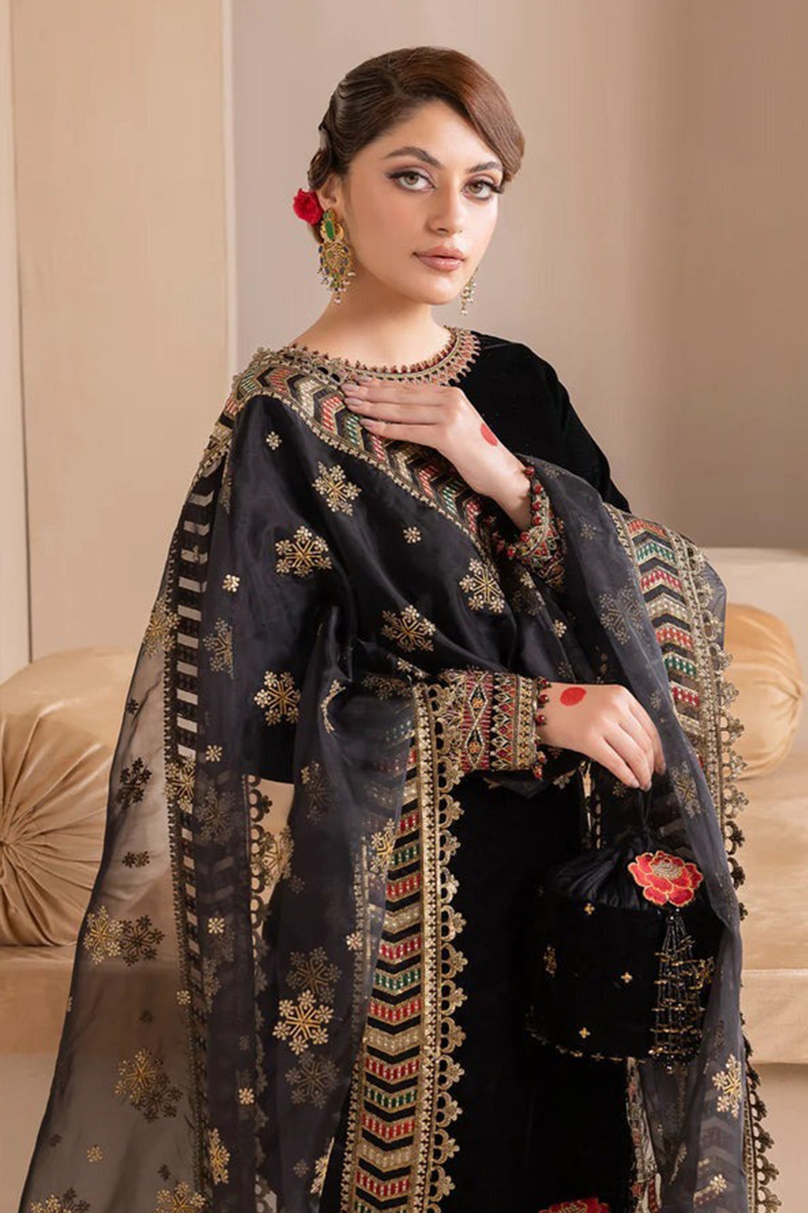 ZN577-Embroidered Velvet Dress With Organza embroidered Dopata