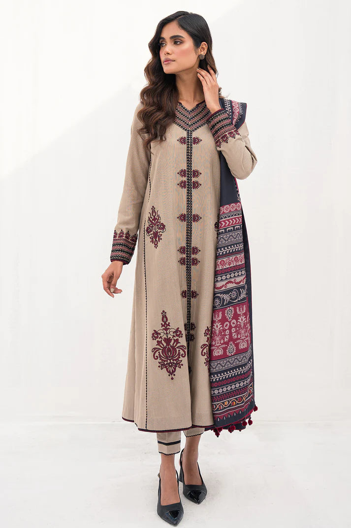 zn626-3PC Dhannak Embroidered suit with Printed Shawll