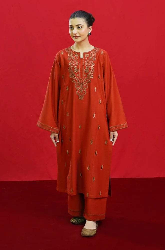 ZN963-WINTER 3PC Dhannak Embroidered suit with Printed Shawll