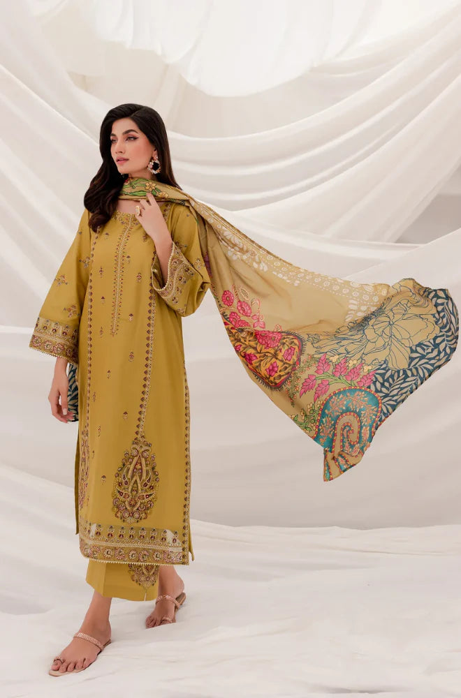 ZN940-WINTER 3PC Dhannak Embroidered suit with Printed Shawll