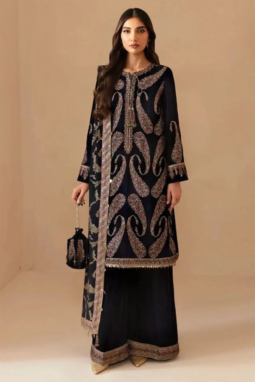 ZN1101 Velvet Winter Embroidered 3 Piece Dress With Organza embroidered Dopata