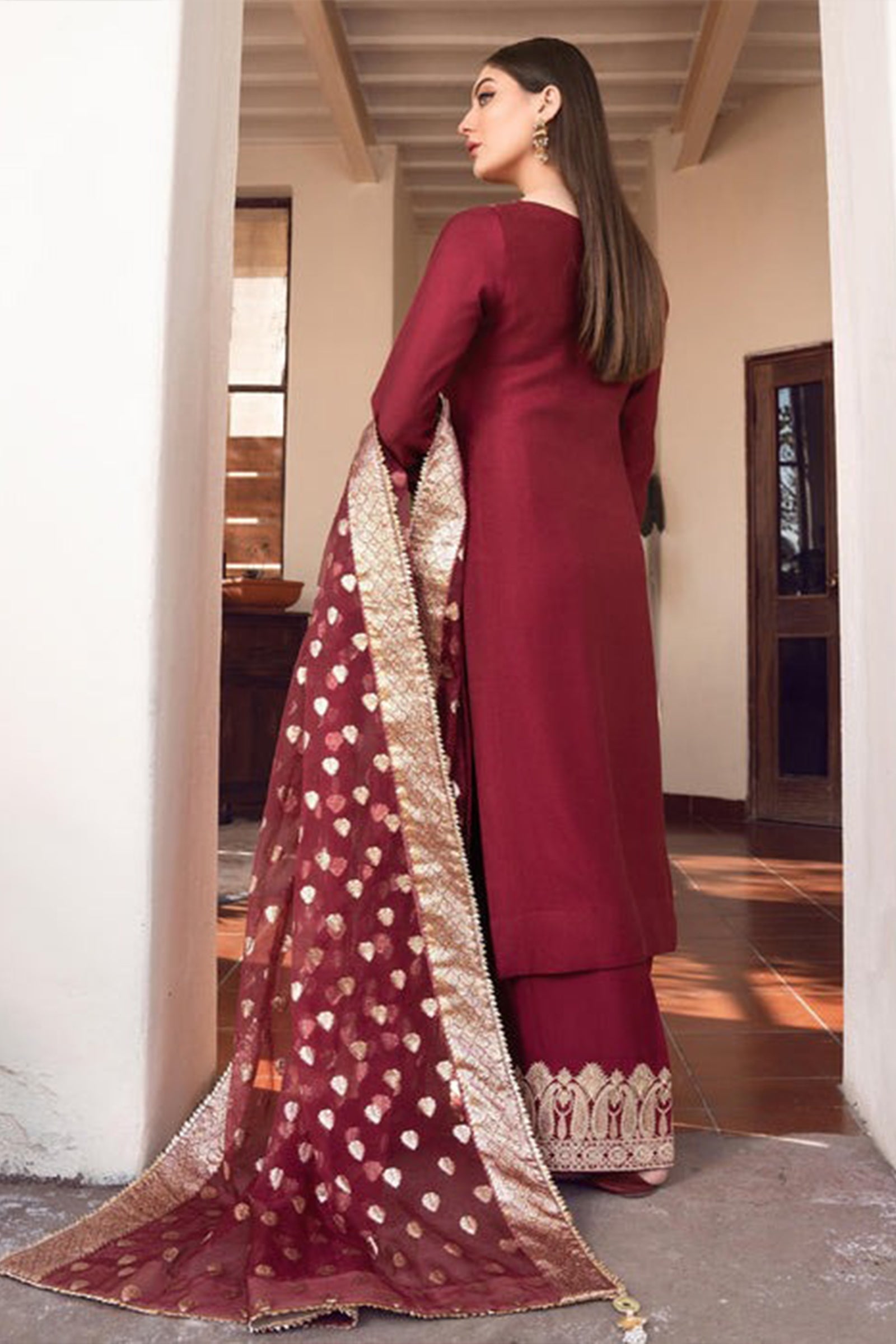 ZN882- Winter, unstiched 3 piece kataan silk frock style embroidered suit