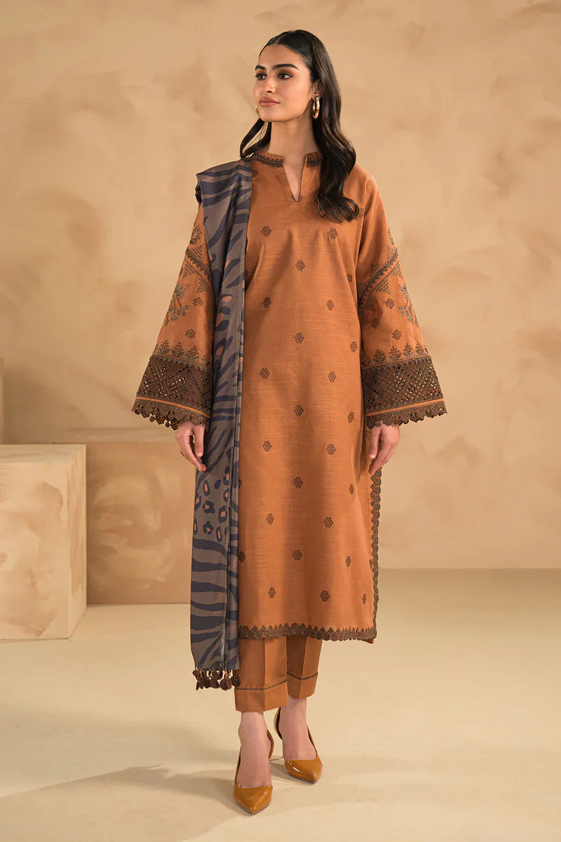 ZN631-WINTER 3PC Dhannak Embroidered suit with Printed Shawll