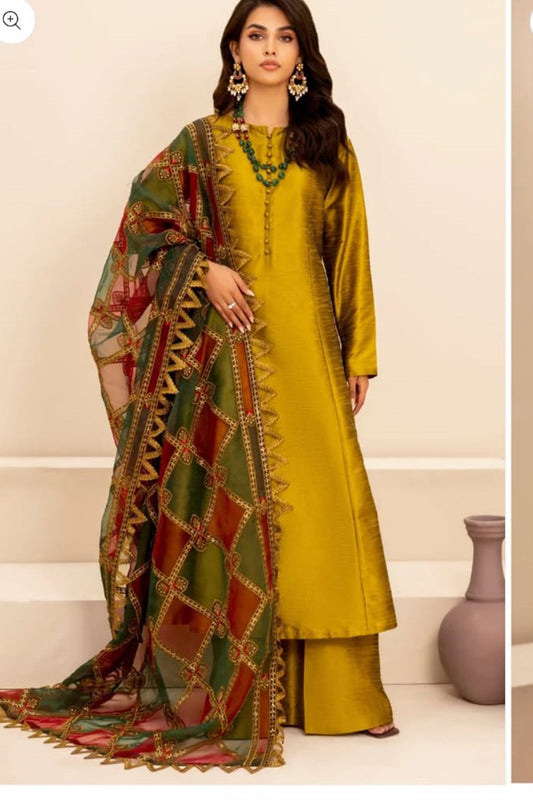 ZN776-3PC-WINTER Unstitched rawo silk Printed organza duppatta Winter Collection