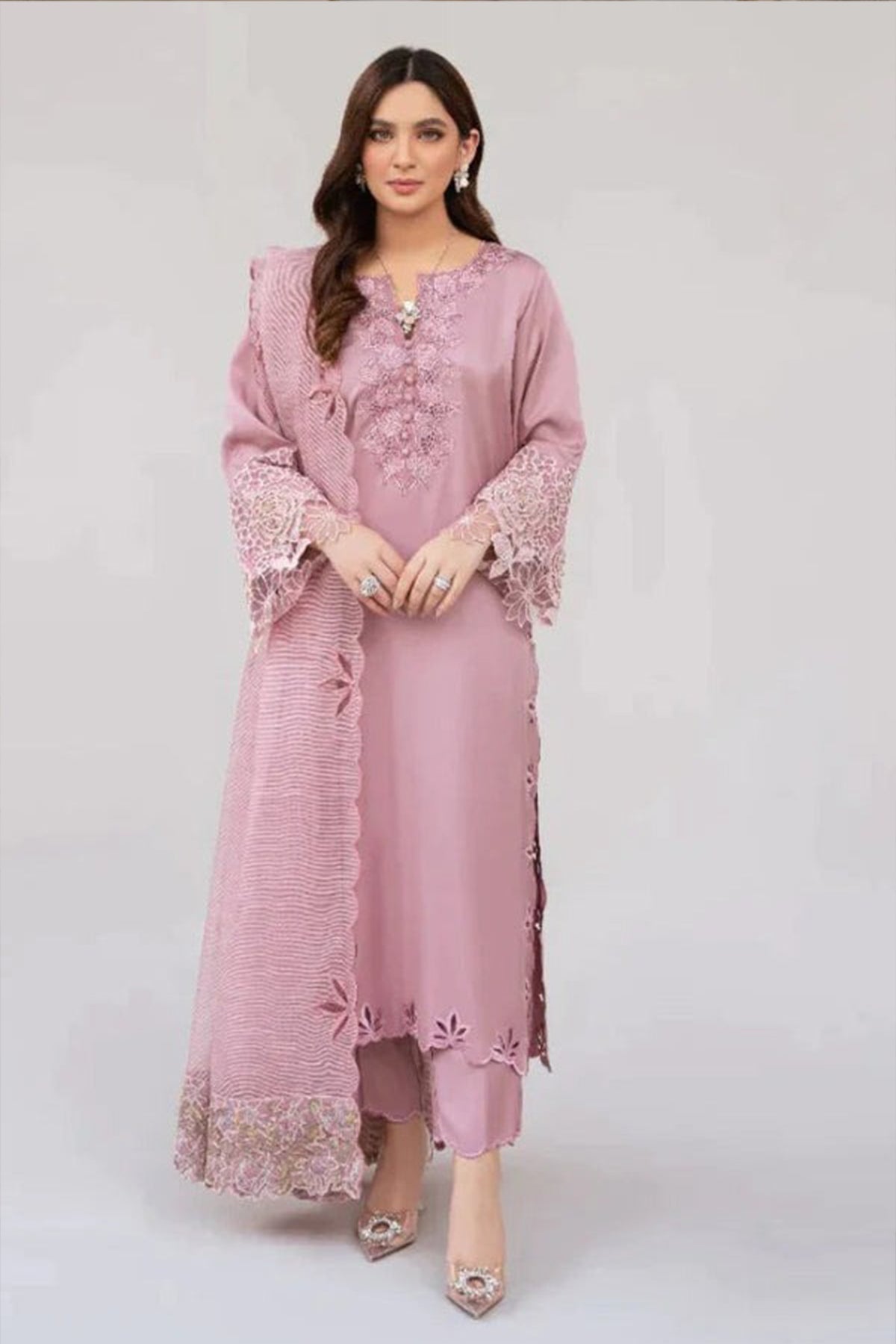 ZN613-winter Khaddar Unstitched 3 Piece Embroidered Dress with Embroidered Organza Duppatta