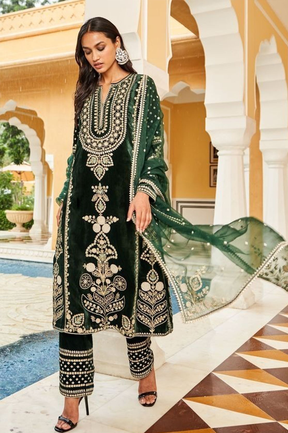 ZN1105 Winter Embroidered Velvet Dress With Organza embroidered Dopata