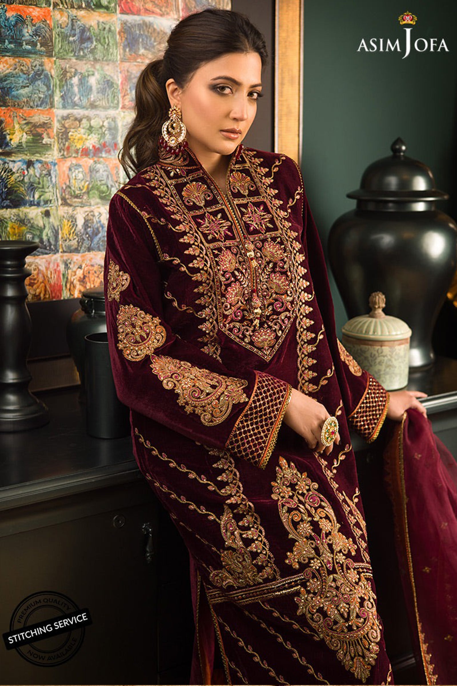 ZN1113Winter Embroidered Velvet Dress With Organza embroidered Dopata