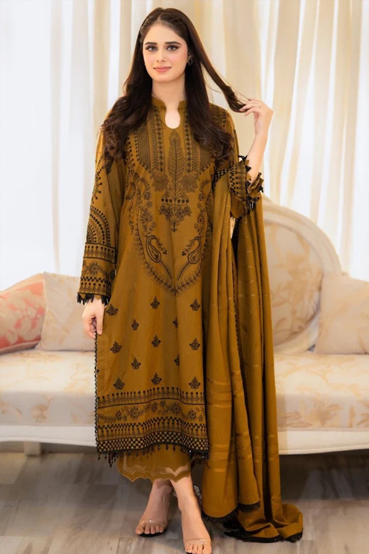 ZN1110-WINTER 3-Pc Embroidered Dhanak Suit with Heavy Embroidered Dhanak Shawll