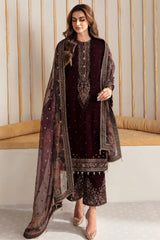 ZN902-Winter Velvet Unstitched 3PCs Embroidered Dress With Organza Dupatta