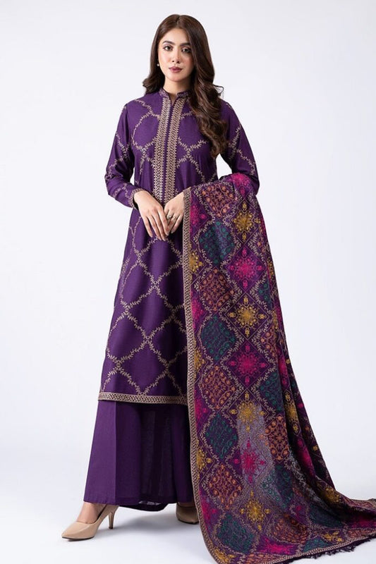 ZN603-Winter 3-Pc Embroidered Dhanak Suit with Heavy Embroidered Dhanak Shawll