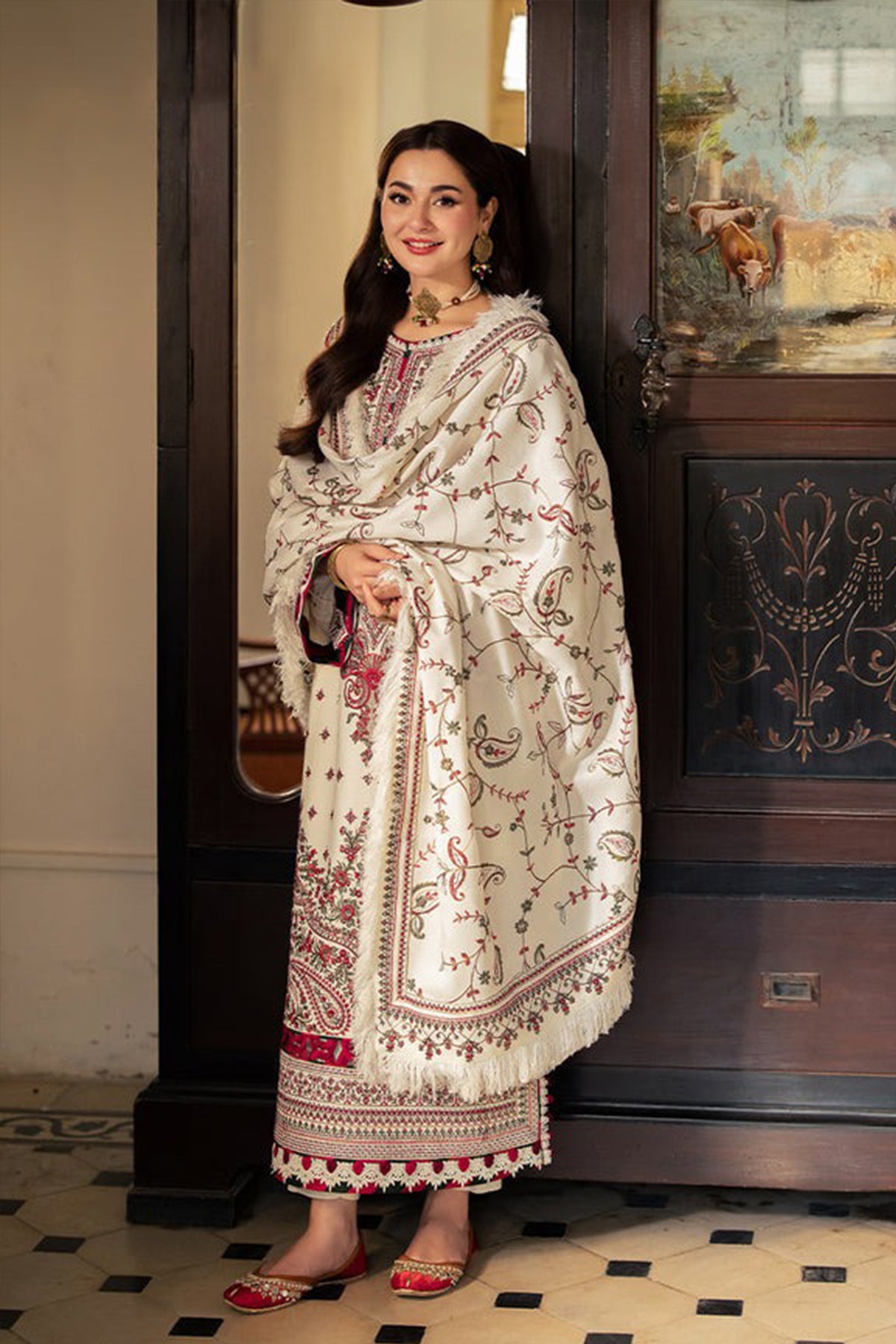 ZN1120-ASIM JOFA-3PC DHANAK EMBROIDERED SHIRT WITH DHANAK EMBROIDERED SHAWL