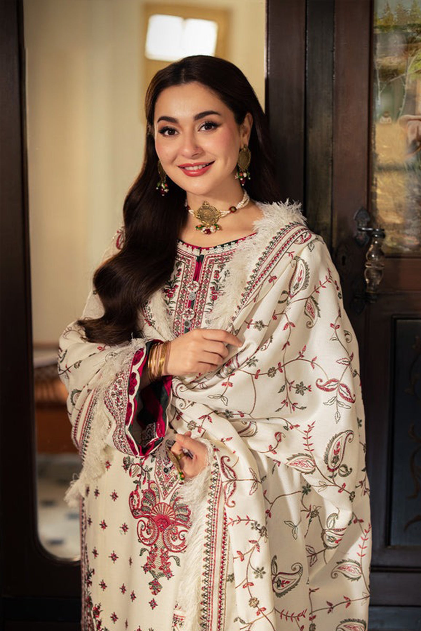 ZN1120-ASIM JOFA-3PC DHANAK EMBROIDERED SHIRT WITH DHANAK EMBROIDERED SHAWL