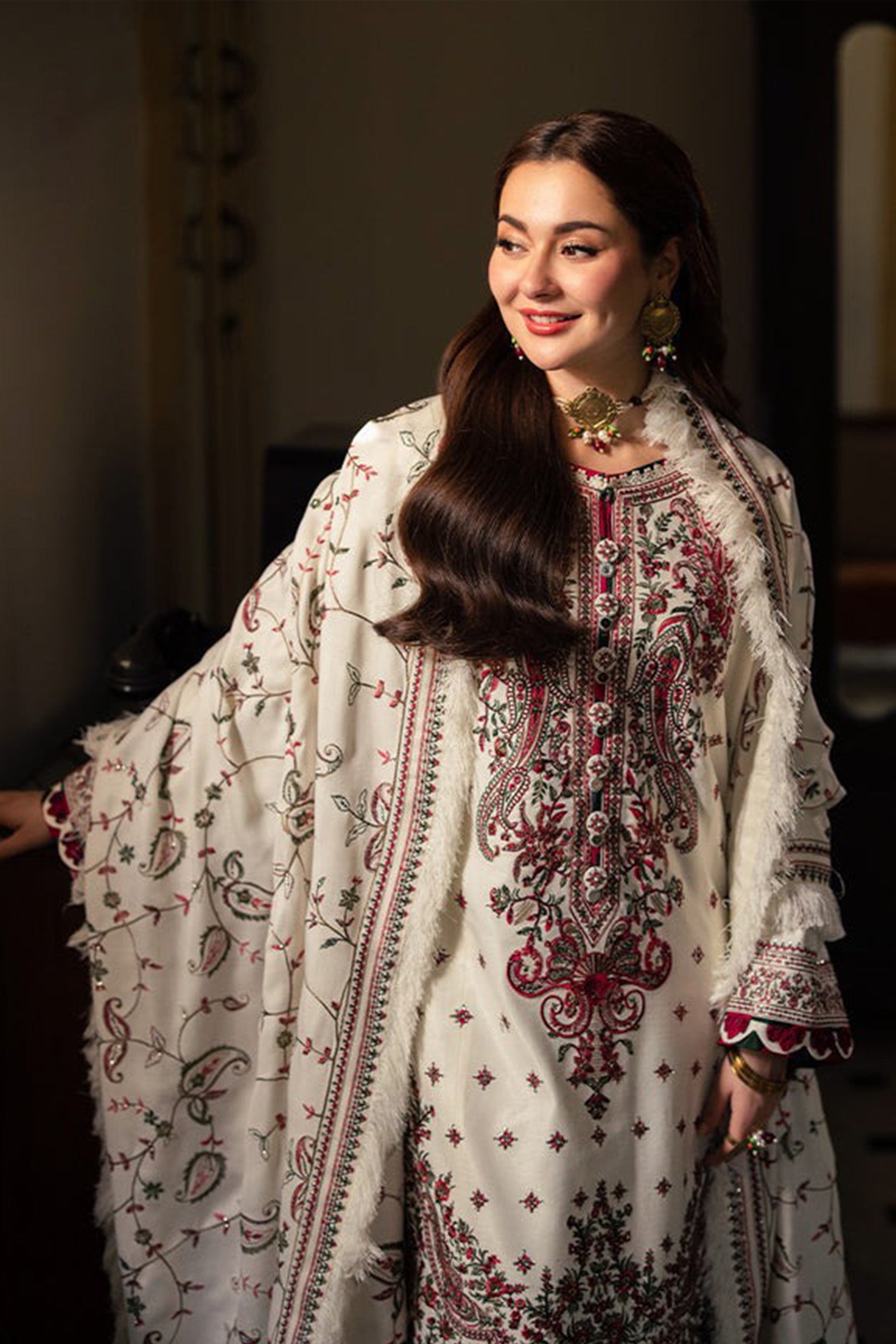 ZN1120-ASIM JOFA-3PC DHANAK EMBROIDERED SHIRT WITH DHANAK EMBROIDERED SHAWL