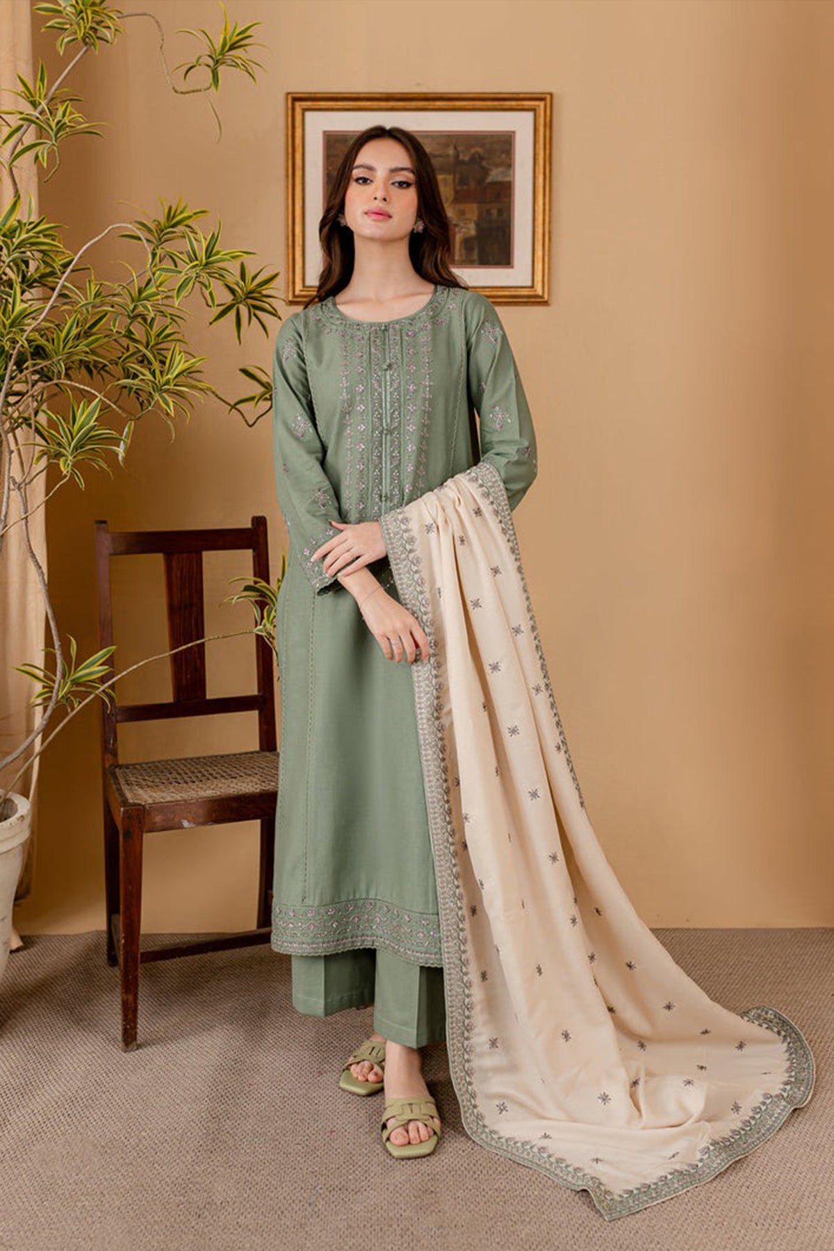 ZN1121-3PC DHANAK EMBROIDERED SHIRT WITH DHANAK EMBROIDERED SHAWL