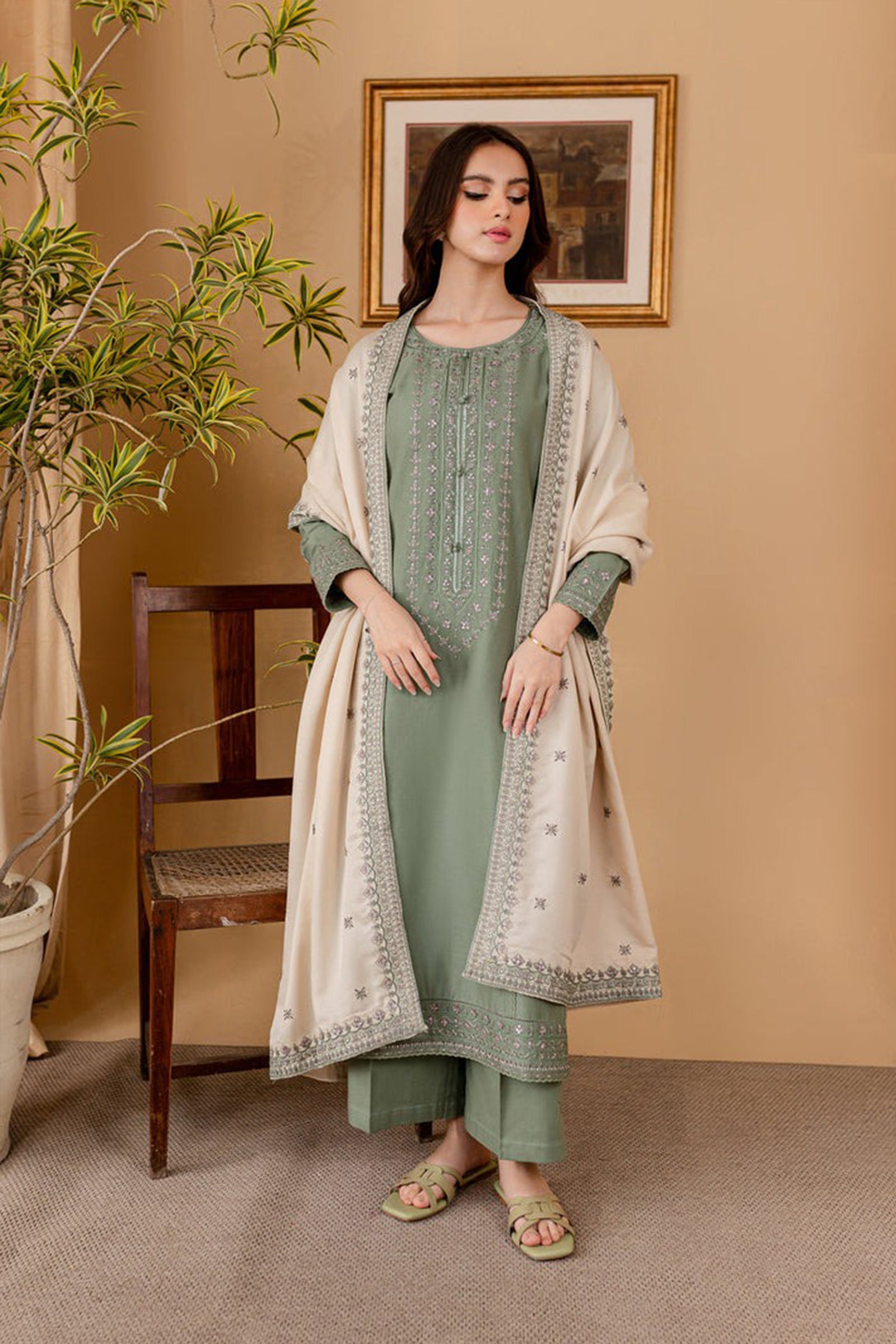 ZN1121-3PC DHANAK EMBROIDERED SHIRT WITH DHANAK EMBROIDERED SHAWL
