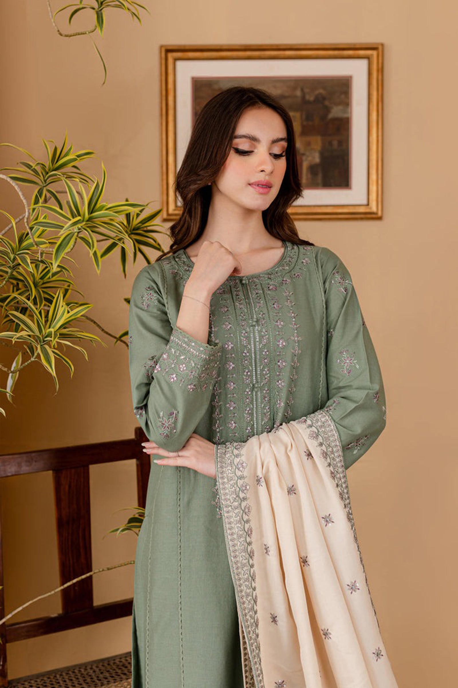 ZN1121-3PC DHANAK EMBROIDERED SHIRT WITH DHANAK EMBROIDERED SHAWL