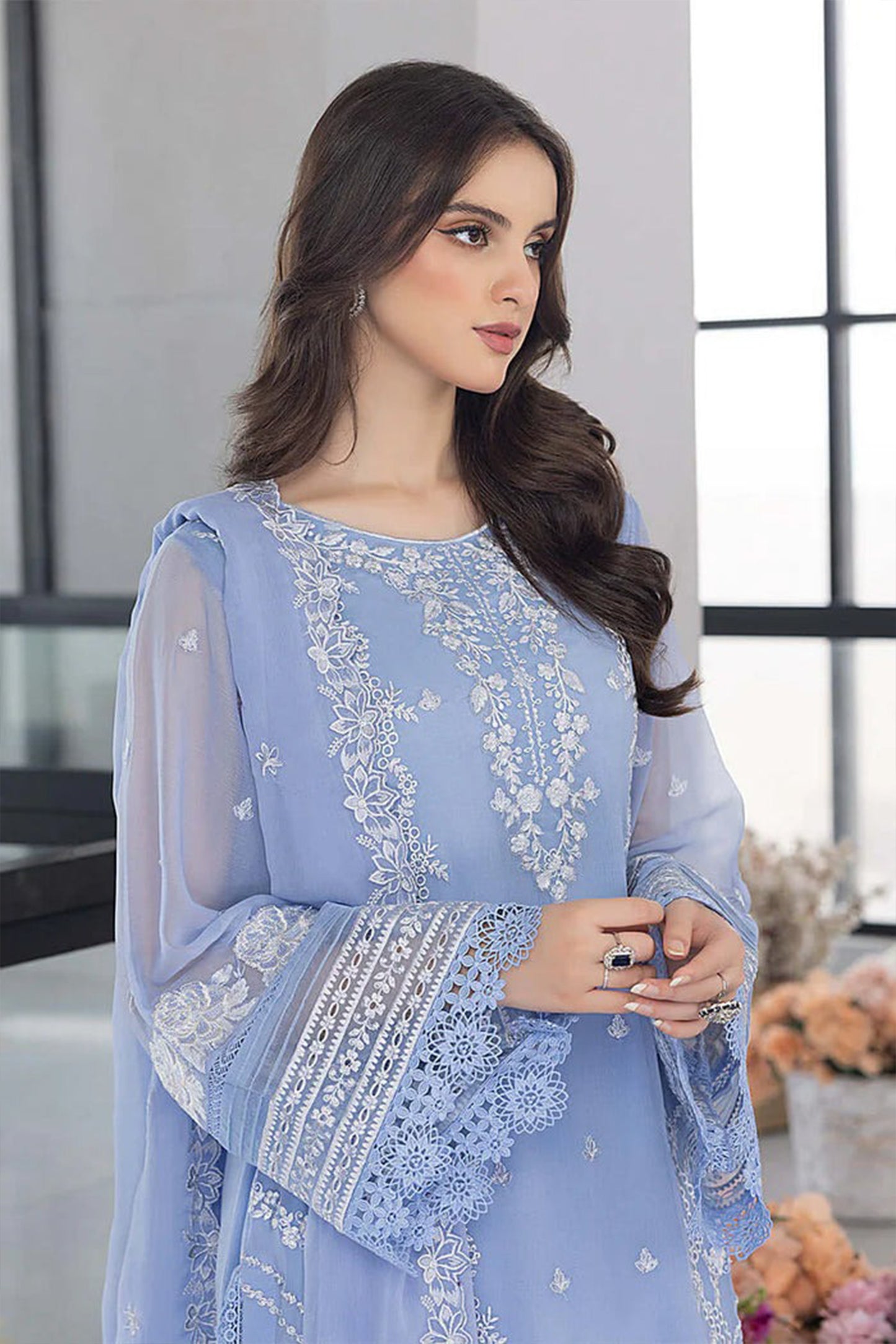 ZN1123- WINTER AZURE -Embroidered 3pc organza dress with organza duppata