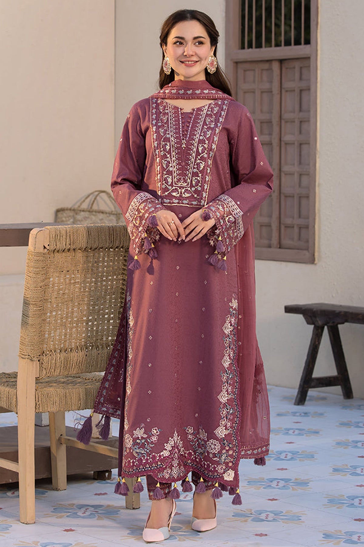 ZN1125-3PC DHANAK EMBROIDERED SHIRT WITH DHANAK EMBROIDERED SHAWL