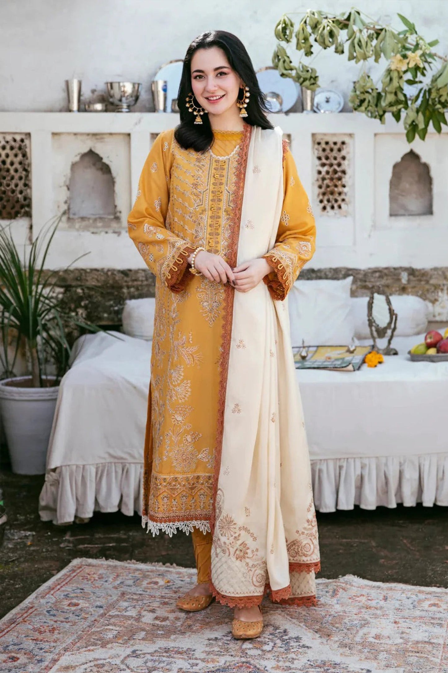 ZN1124-3PC DHANAK EMBROIDERED SHIRT WITH DHANAK EMBROIDERED SHAWL
