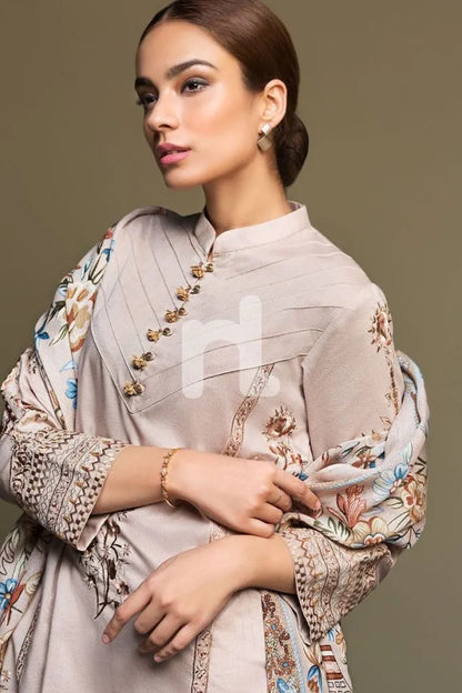 ZN589-WINTER 3PC Dhannak Embroidered suit with Printed Shawll