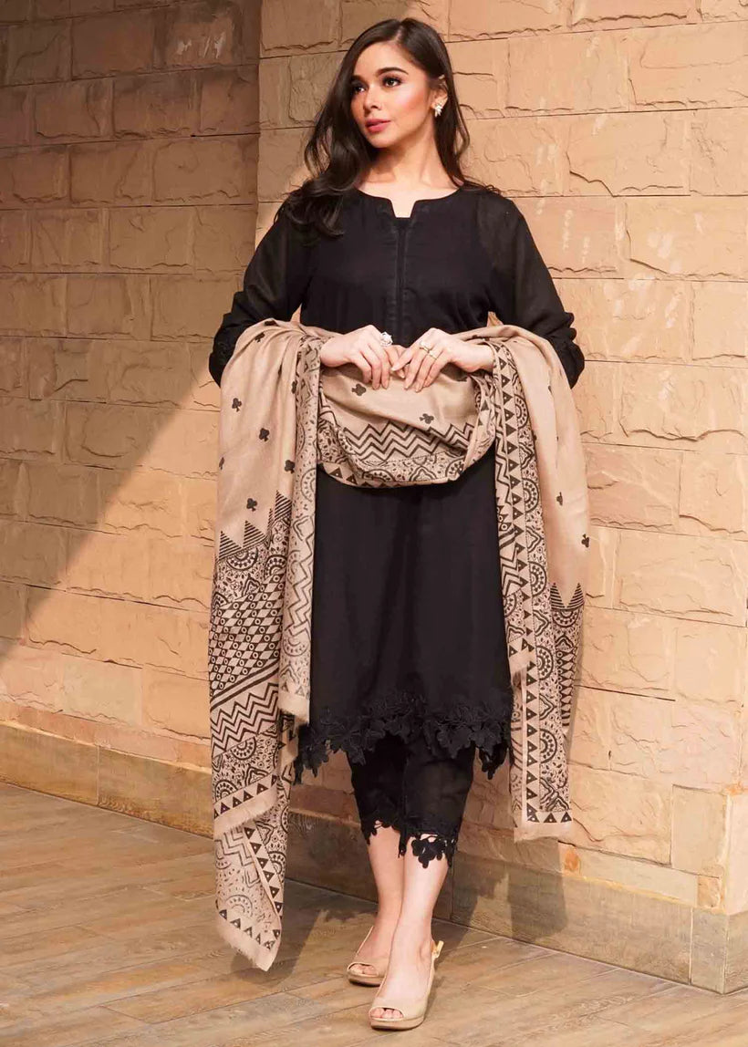 ZN557-3PC Dhannak Winter Embroidered suit with Printed Shawll