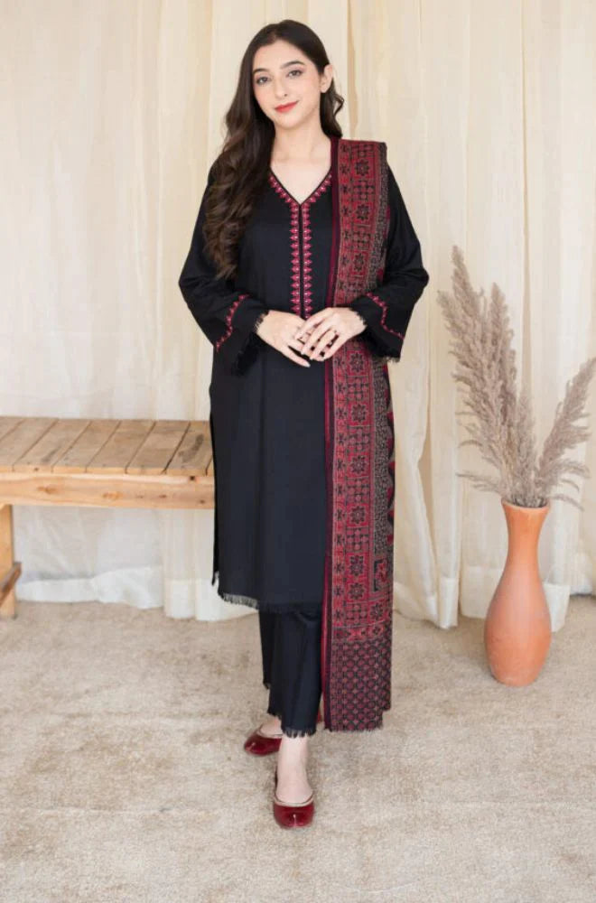 ZN628-3PC Dhannak Embroidered suit with Printed Shawll