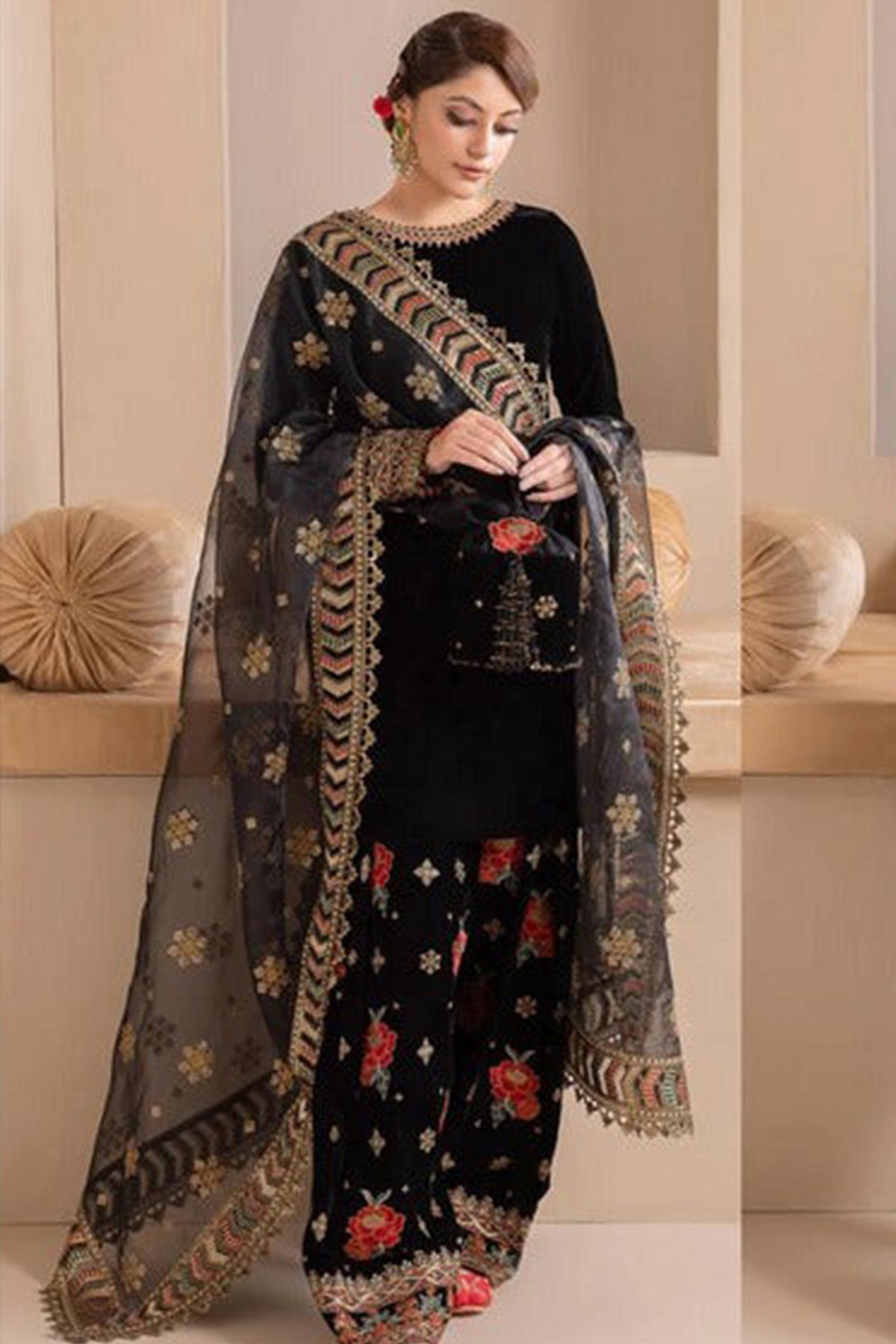 ZN577-Embroidered Velvet Dress With Organza embroidered Dopata
