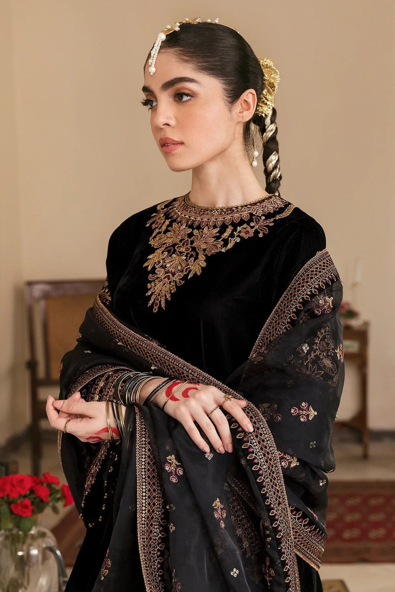 ZN563-Winter Embroidered Velvet Dress With Organza embroidered Dopata