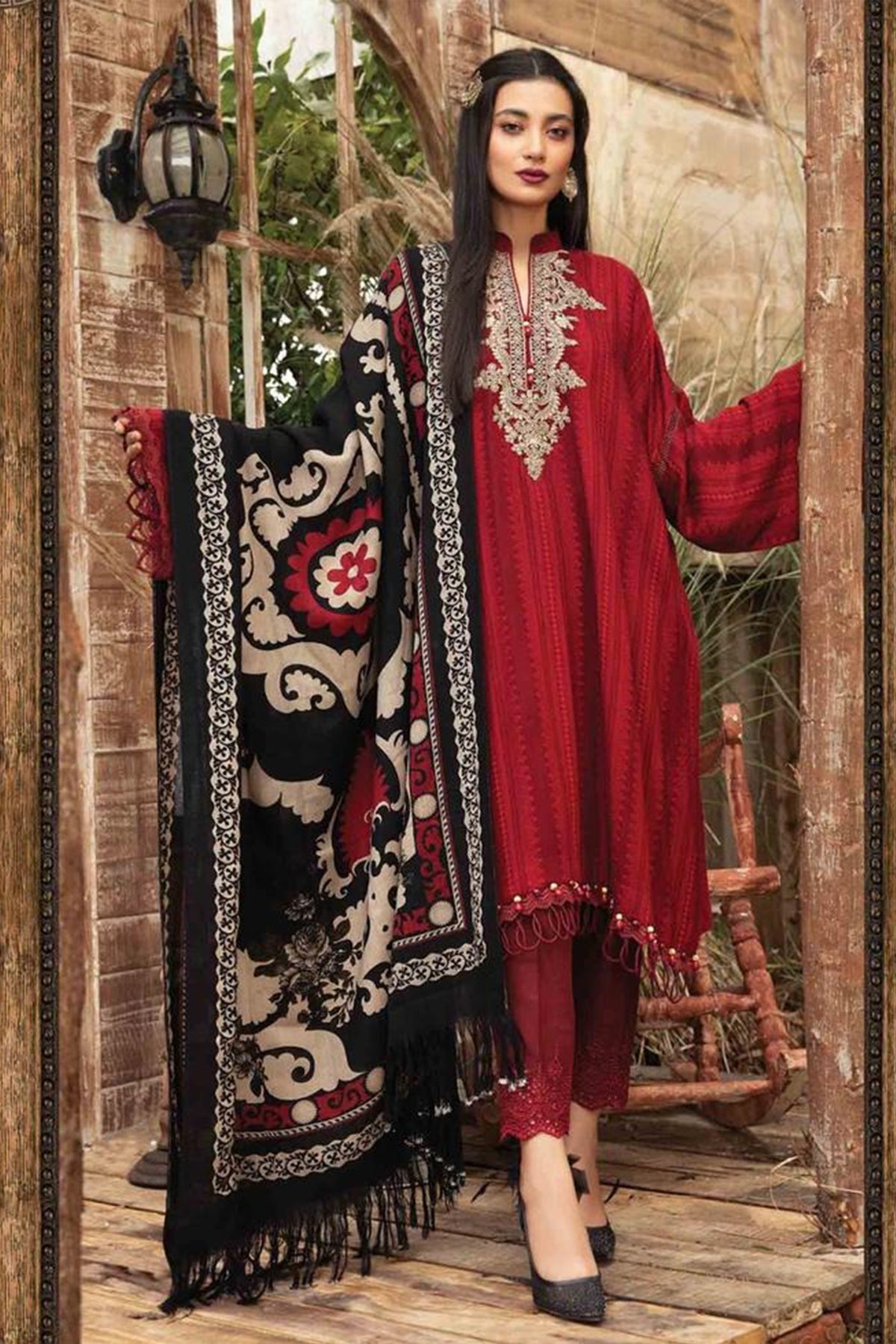 ZN412-WINTER 3PC Dhannak Embroidered suit with Printed Shawll