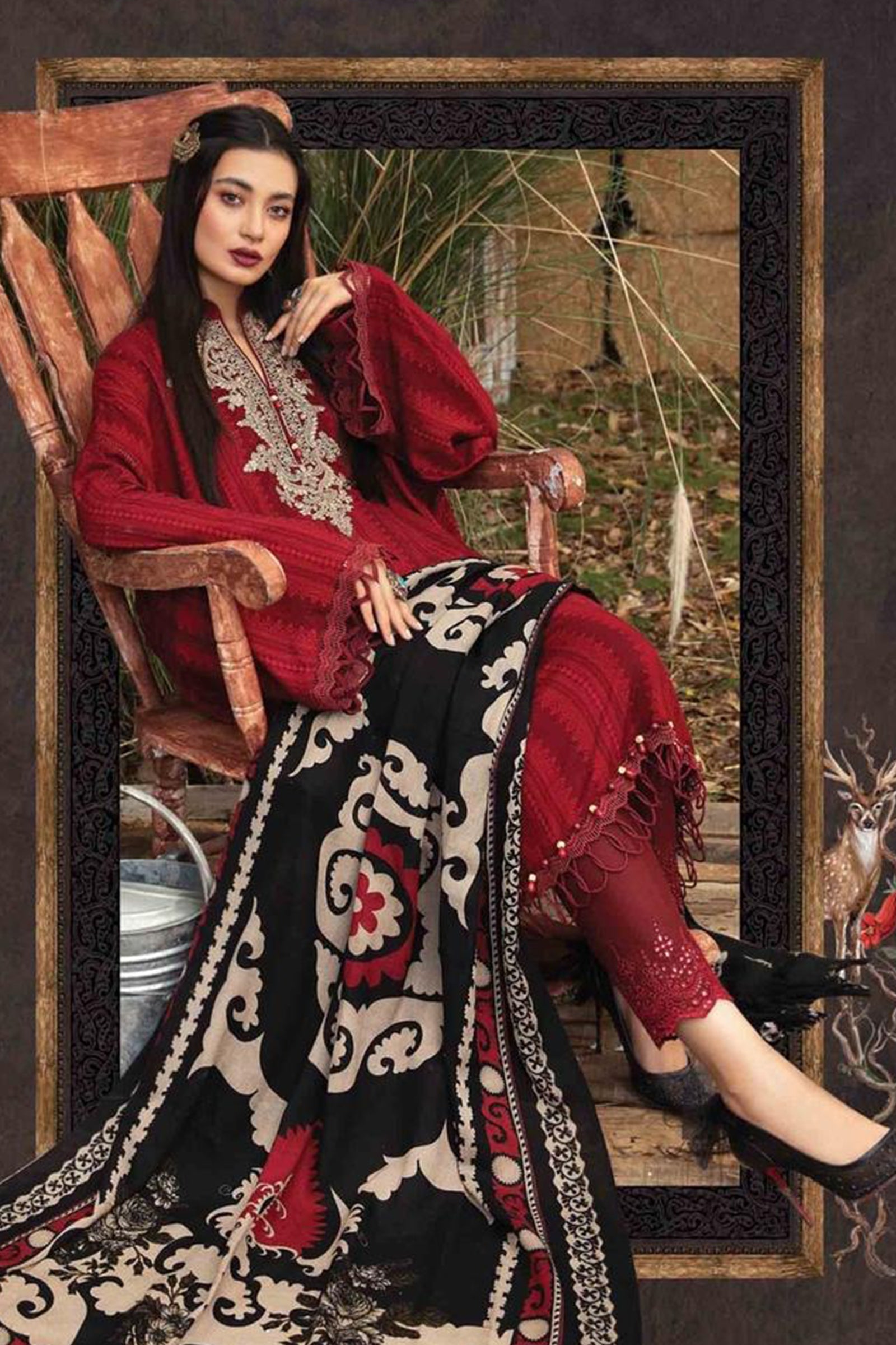 ZN412-WINTER 3PC Dhannak Embroidered suit with Printed Shawll