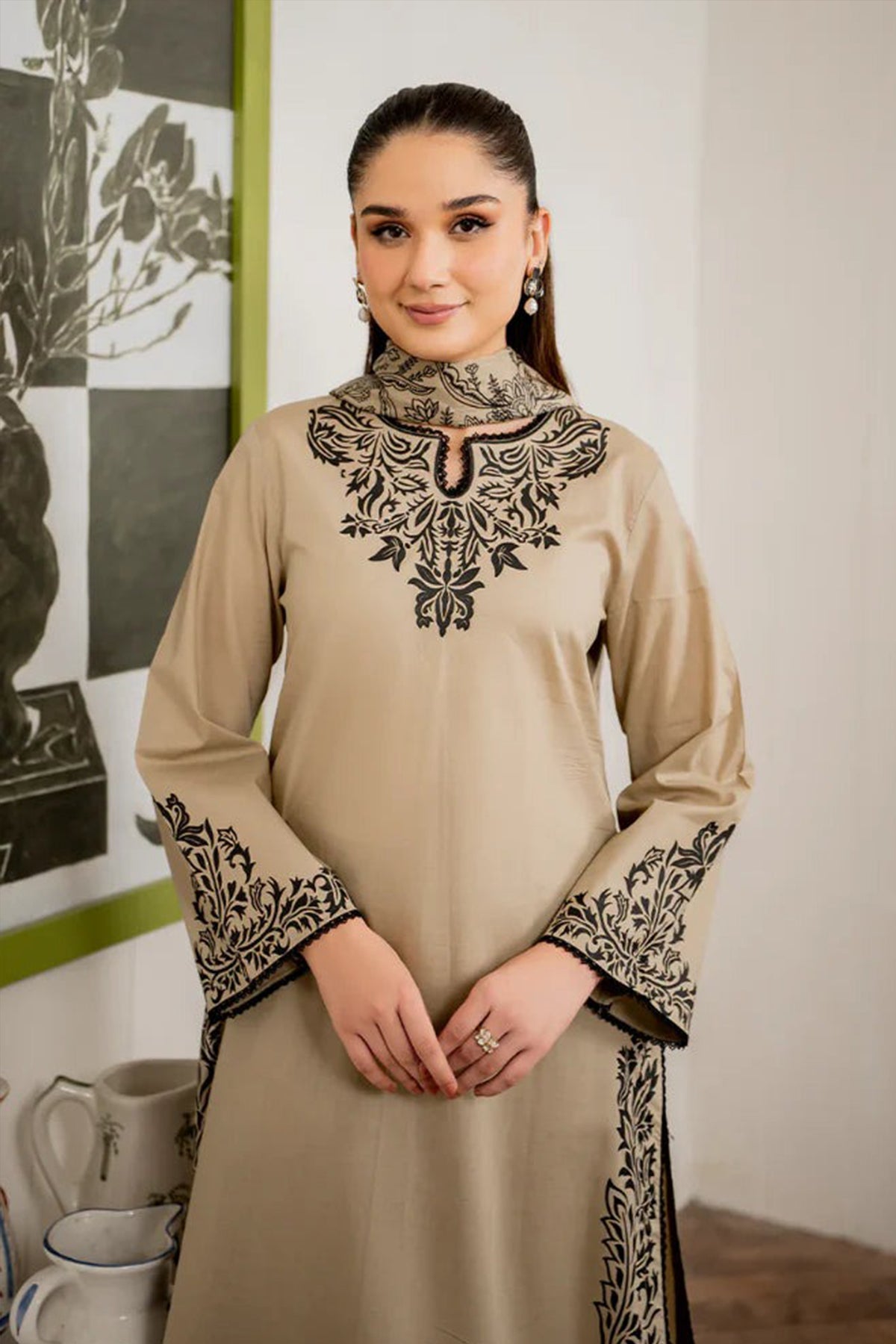 ZN913-WINTER 3PC Dhannak Embroidered suit with Printed Shawll