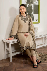 ZN913-WINTER 3PC Dhannak Embroidered suit with Printed Shawll