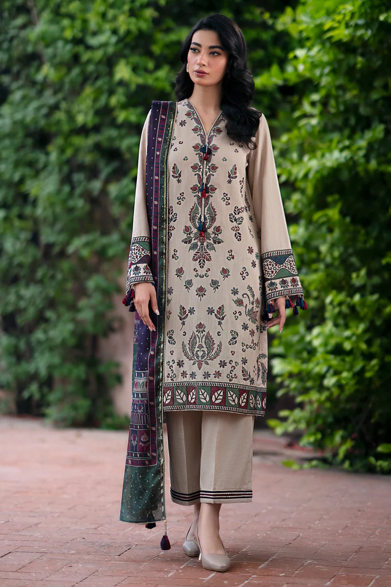 ZN943-WINTER 3PC Dhannak Embroidered suit with Printed Shawll
