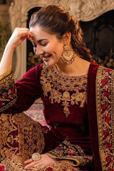 ZN556-Velvet Winter Embroidered 3 Piece Dress With Organza embroidered Dopata