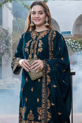 ZN402-WINTER Embroidered Velvet Three piece With Velvet Shawl Winter Collection
