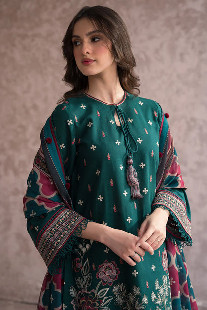 ZN625-WINTER 3PC Dhannak Embroidered suit with Printed Shawll