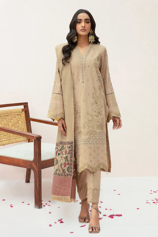 ZN574-WINTER 3PC Dhanak Embroidered suit with Printed Shawll