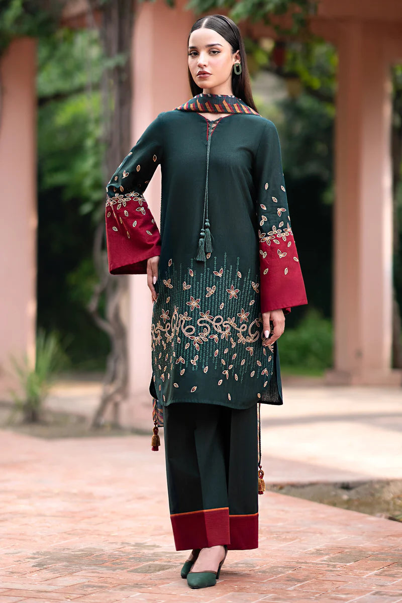 ZN944-WINTER 3PC Dhannak Embroidered suit with Printed Shawll