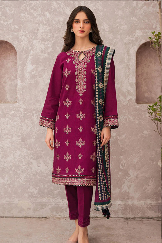 ZN619-Jazmin WINTER 3PC Dhanak Embroidered suit with Printed Shawll