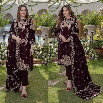 3PC EMBROIDERED VELVET SUIT - ZN-401