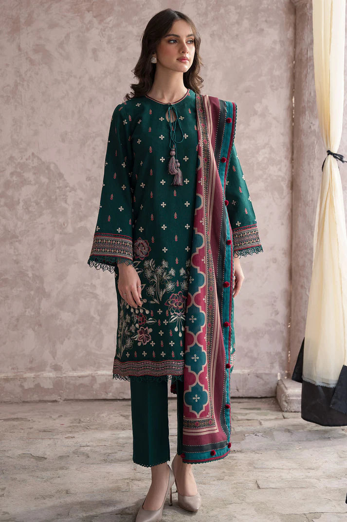 ZN625-WINTER 3PC Dhannak Embroidered suit with Printed Shawll
